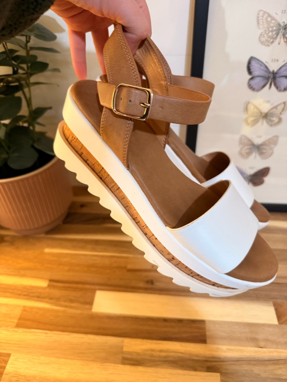 Aldo White and Tan Platform Slingback Sandals